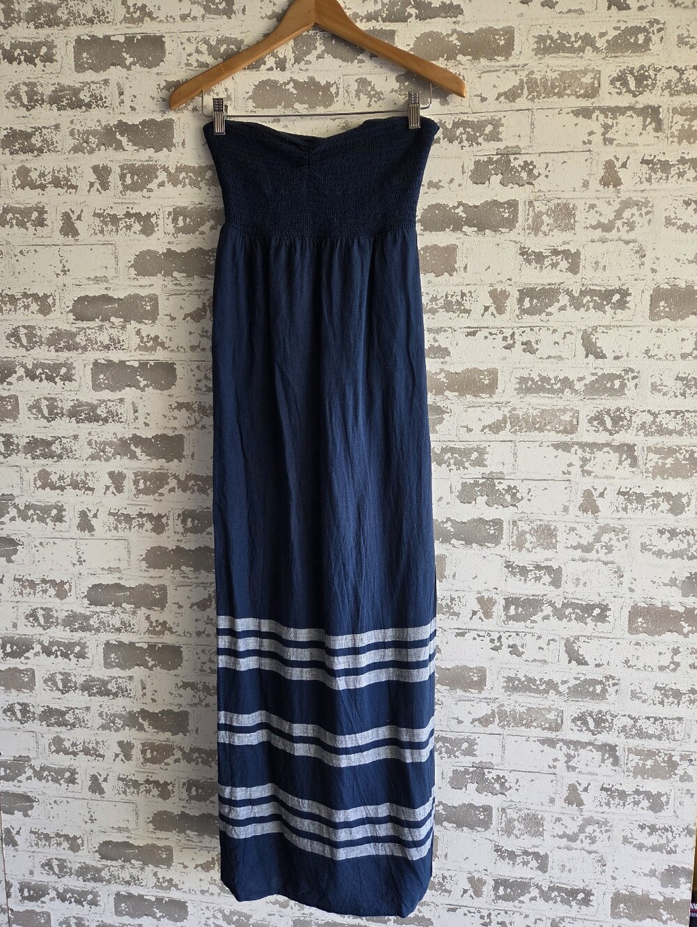 Allison Joy Strapless Maxi Dress Navy Blue Striped Linen Blend Smocked Size XS